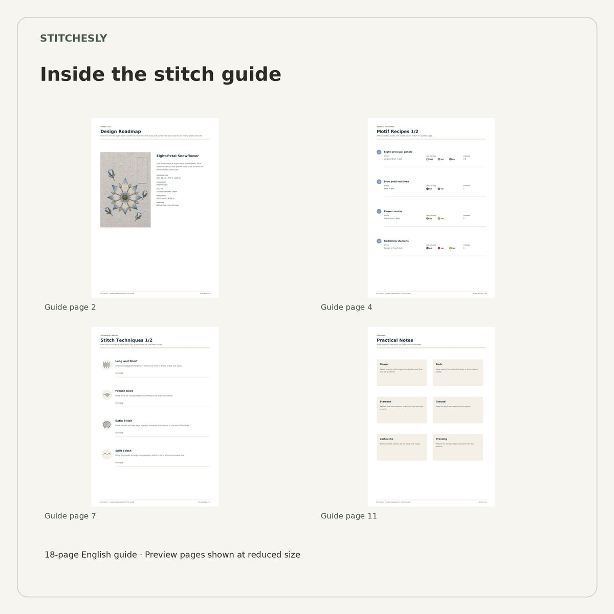 Four reduced-size preview pages from the 18-page Eight-Petal Snowflower stitch guide.