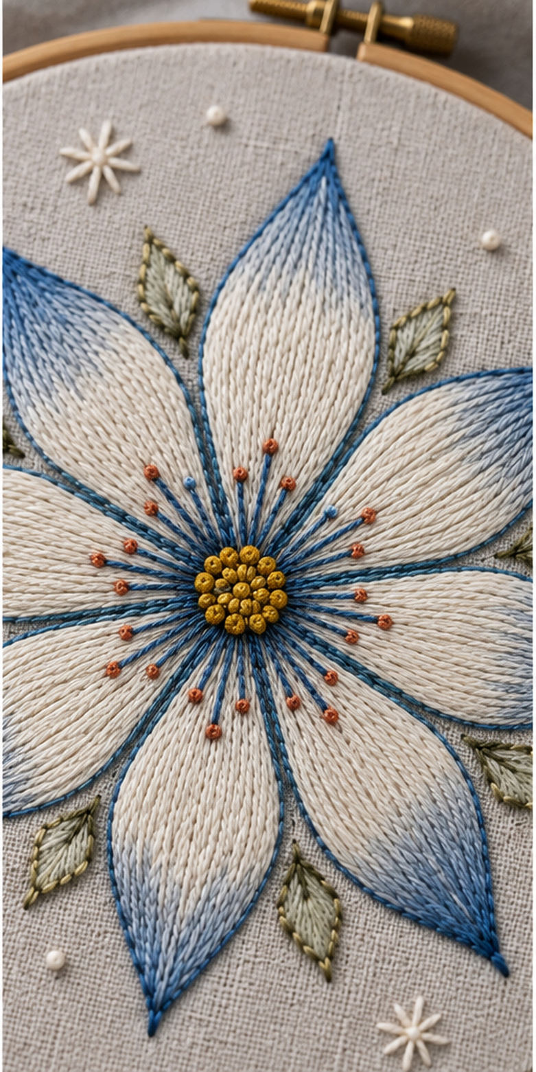 Floral textile flat lay mockup featuring the Eight-Petal Snowflower hand embroidery design. A large eight-petal snowflower sits with detached buds and sparse frost stars beside an empty label shape.