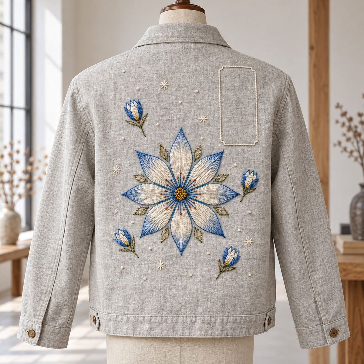 Light linen shirt mockup featuring the Eight-Petal Snowflower hand embroidery design. A large eight-petal snowflower sits with detached buds and sparse frost stars beside an empty label shape.