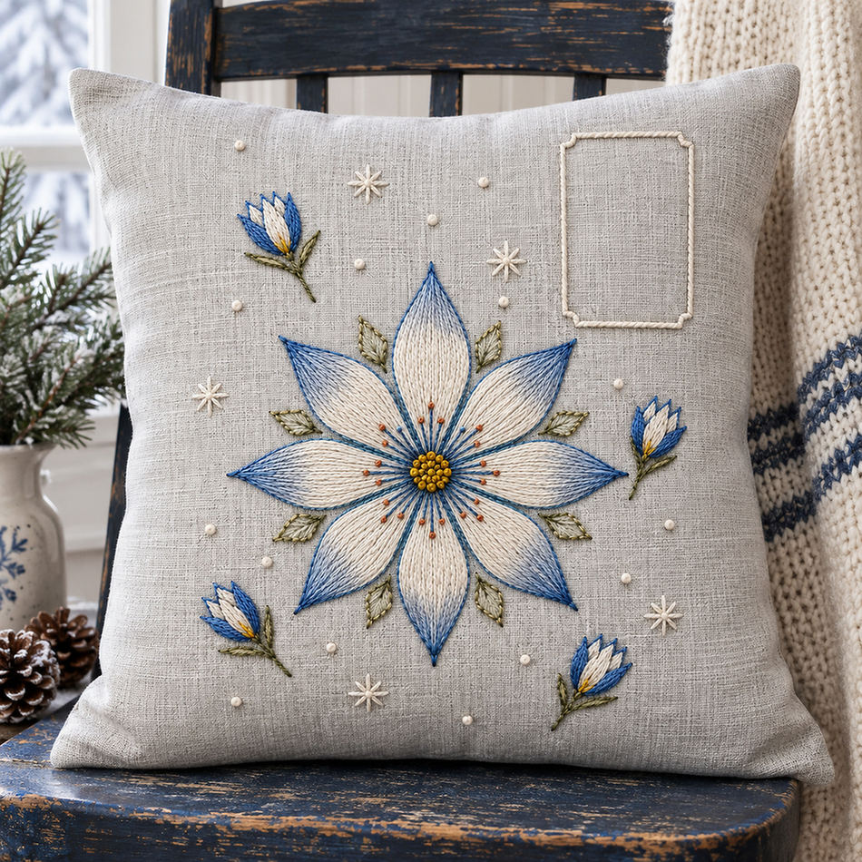 Linen cushion mockup featuring the Eight-Petal Snowflower hand embroidery design. A large eight-petal snowflower sits with detached buds and sparse frost stars beside an empty label shape.