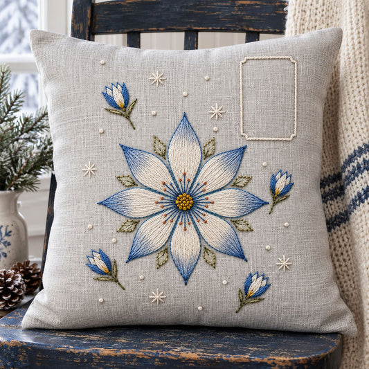 Linen cushion mockup featuring the Eight-Petal Snowflower hand embroidery design. A large eight-petal snowflower sits with detached buds and sparse frost stars beside an empty label shape.