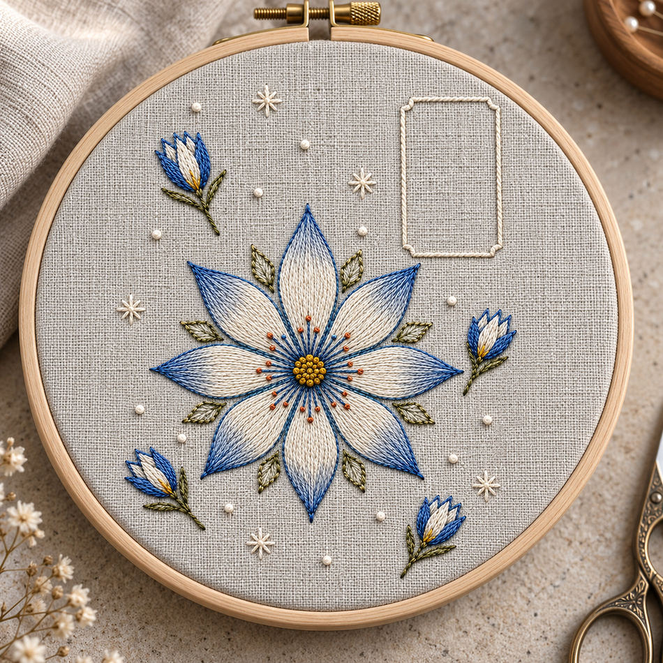 Embroidery hoop mockup featuring the Eight-Petal Snowflower hand embroidery design. A large eight-petal snowflower sits with detached buds and sparse frost stars beside an empty label shape.