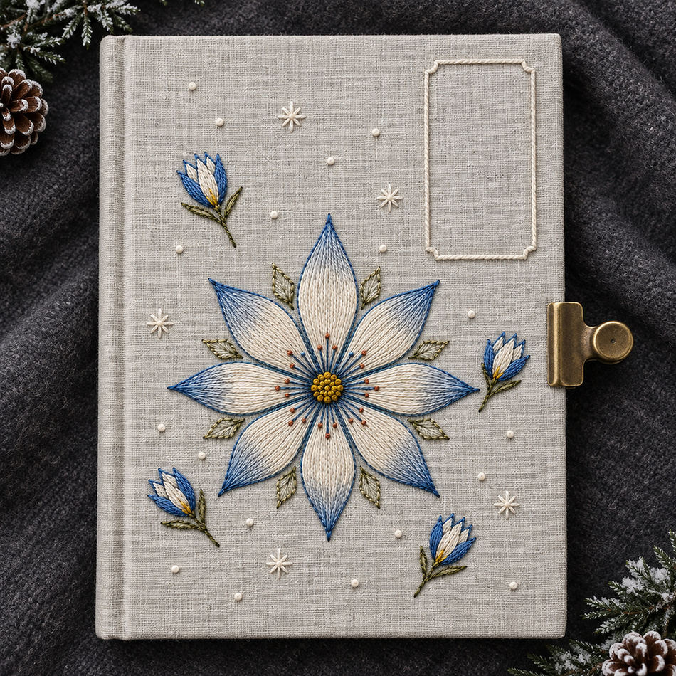 Close view of the snowflower mockup featuring the Eight-Petal Snowflower hand embroidery design. A large eight-petal snowflower sits with detached buds and sparse frost stars beside an empty label shape.