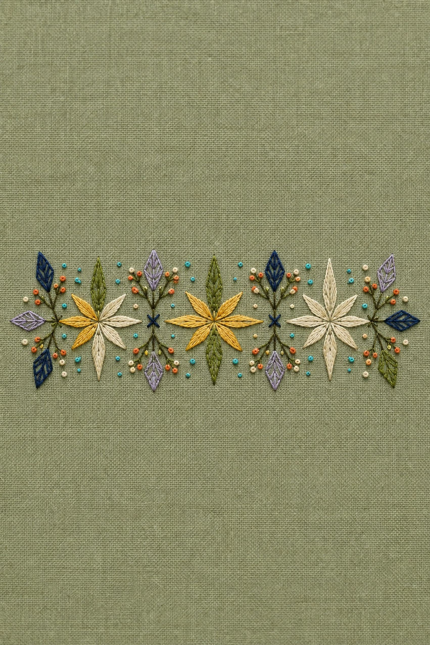 Illustrative embroidery design: Eight-point flowers alternate with faceted leaves and small knot accents in this floral embroidery band.