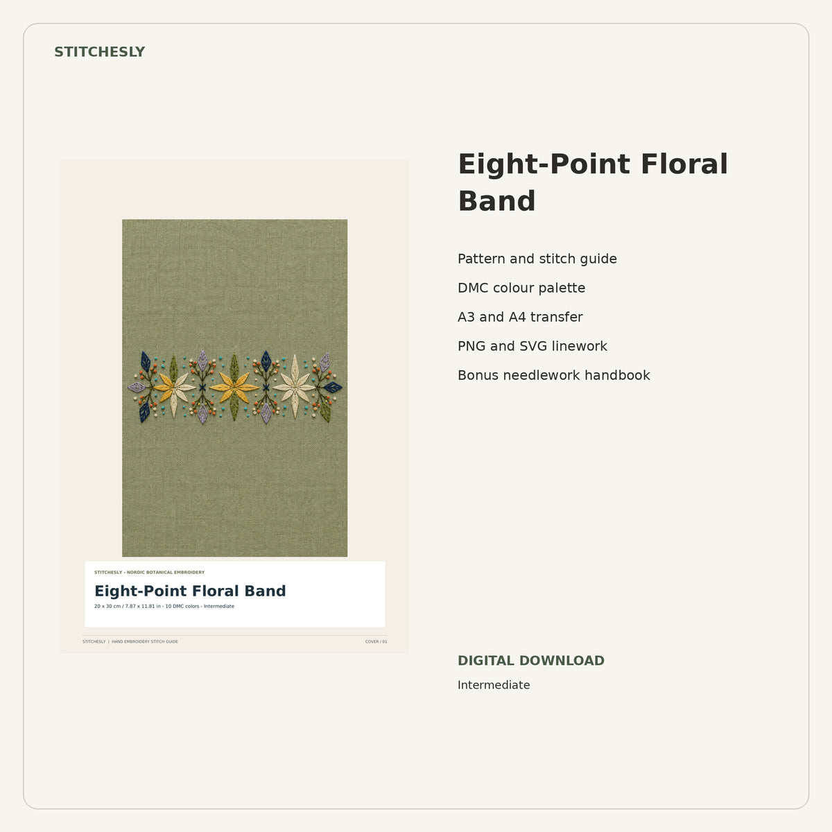 Eight-Point Floral Band PDF stitch guide cover, pattern files and bonus needlework handbook.