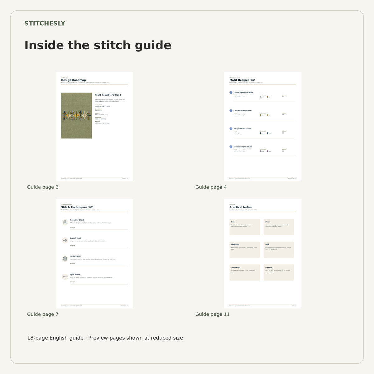 Four reduced-size preview pages from the 18-page Eight-Point Floral Band stitch guide.