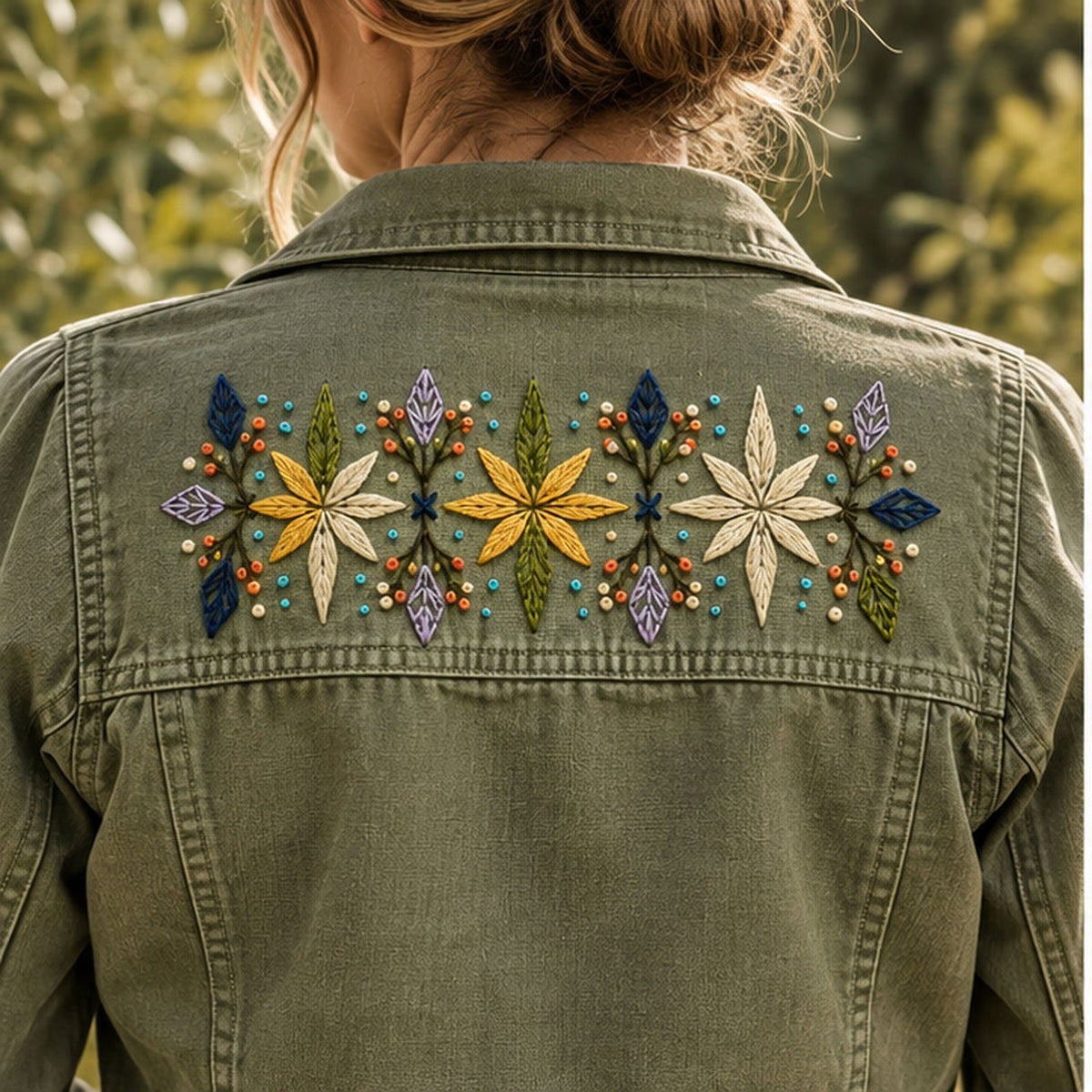 Green linen jacket mockup featuring the Eight-Point Floral Band hand embroidery design. Eight-point flowers alternate with faceted leaves and small knot accents in this floral embroidery band.