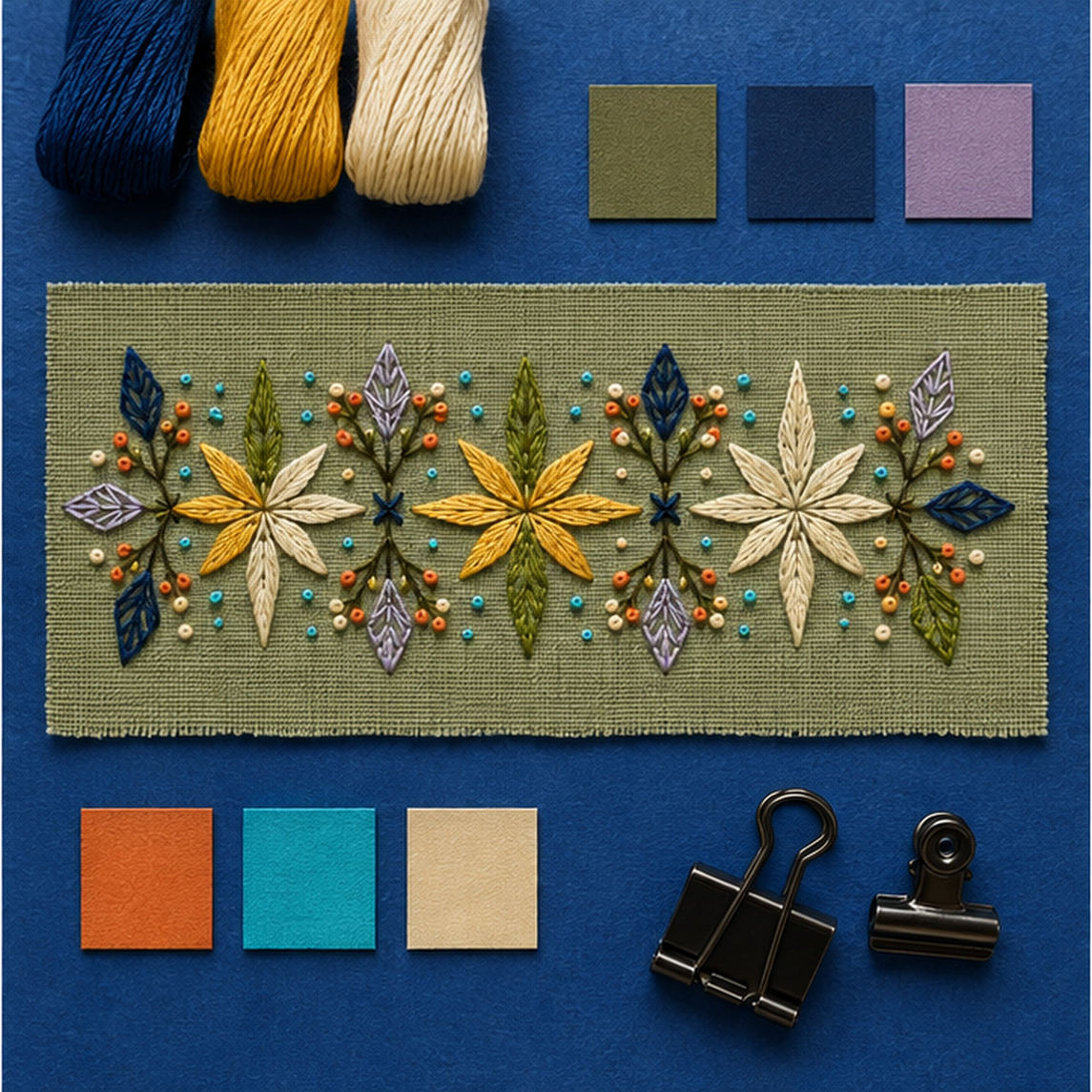 Green textile flat lay mockup featuring the Eight-Point Floral Band hand embroidery design. Eight-point flowers alternate with faceted leaves and small knot accents in this floral embroidery band.