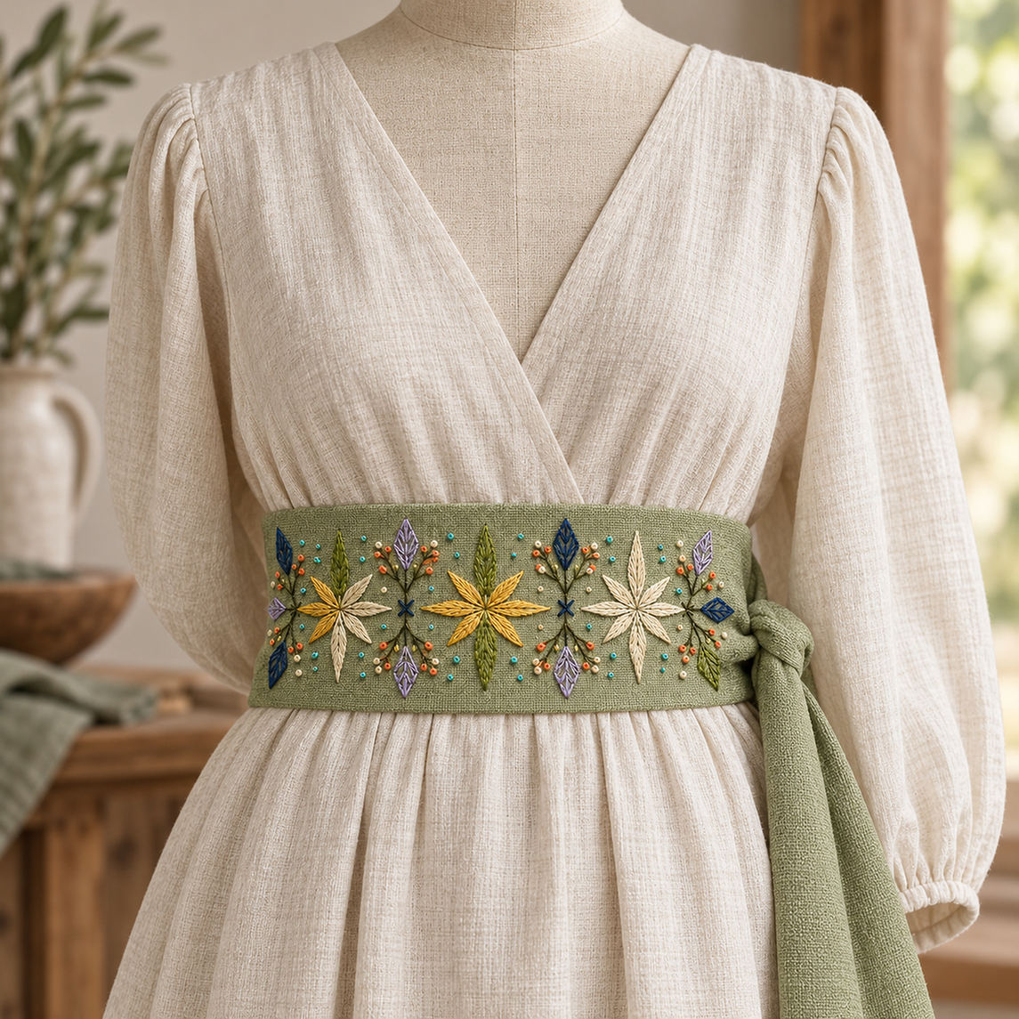Linen dress belt mockup featuring the Eight-Point Floral Band hand embroidery design. Eight-point flowers alternate with faceted leaves and small knot accents in this floral embroidery band.