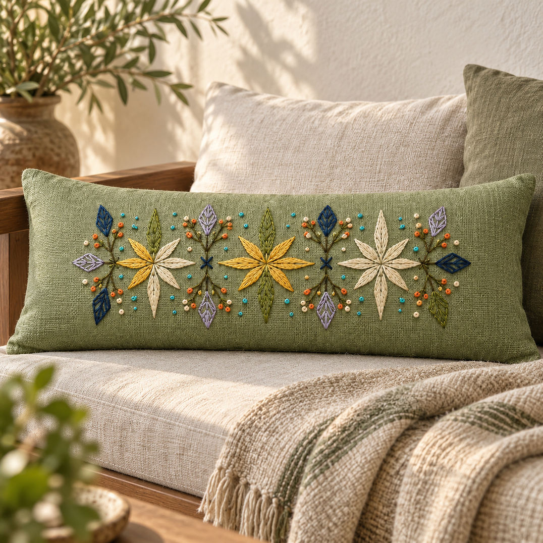 Long linen cushion mockup featuring the Eight-Point Floral Band hand embroidery design. Eight-point flowers alternate with faceted leaves and small knot accents in this floral embroidery band.