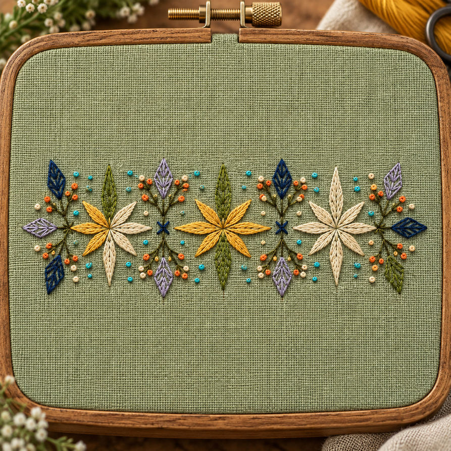 Embroidery hoop mockup featuring the Eight-Point Floral Band hand embroidery design. Eight-point flowers alternate with faceted leaves and small knot accents in this floral embroidery band.