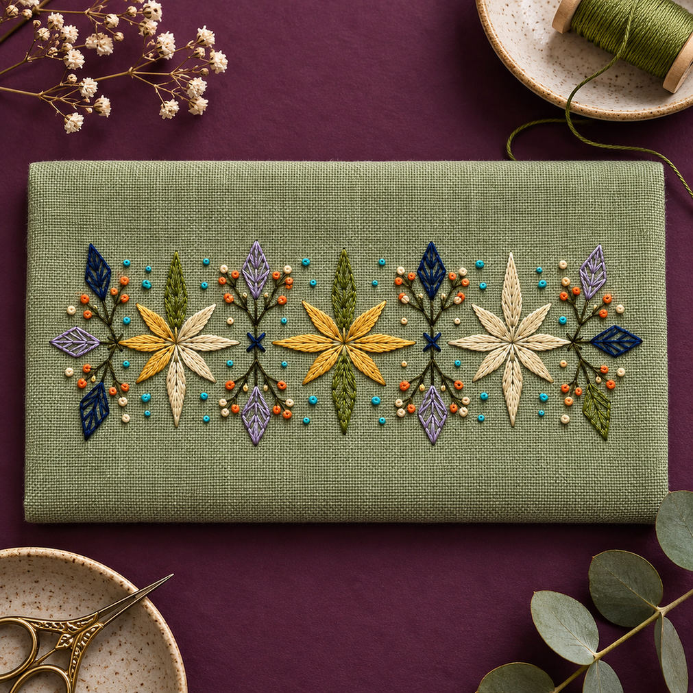 Close view of the floral band mockup featuring the Eight-Point Floral Band hand embroidery design. Eight-point flowers alternate with faceted leaves and small knot accents in this floral embroidery band.