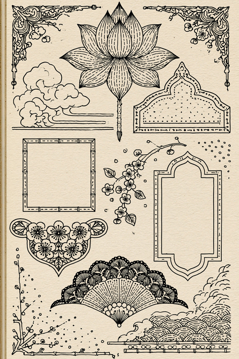 Elegant Label And Gift Frame from East Asian Inspired Embroidery Book 3, a digital embroidery design reference for machine embroidery designs, embroidery patterns and frames and monogram spaces.