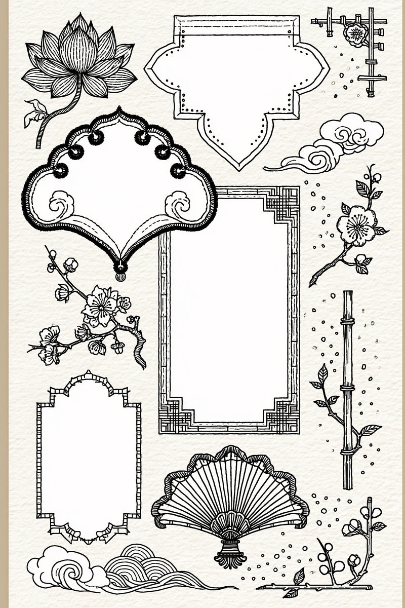 Elegant Label And Gift Frame from East Asian Inspired Embroidery Book 4, a digital embroidery design reference for machine embroidery designs, embroidery patterns and frames and monogram spaces.