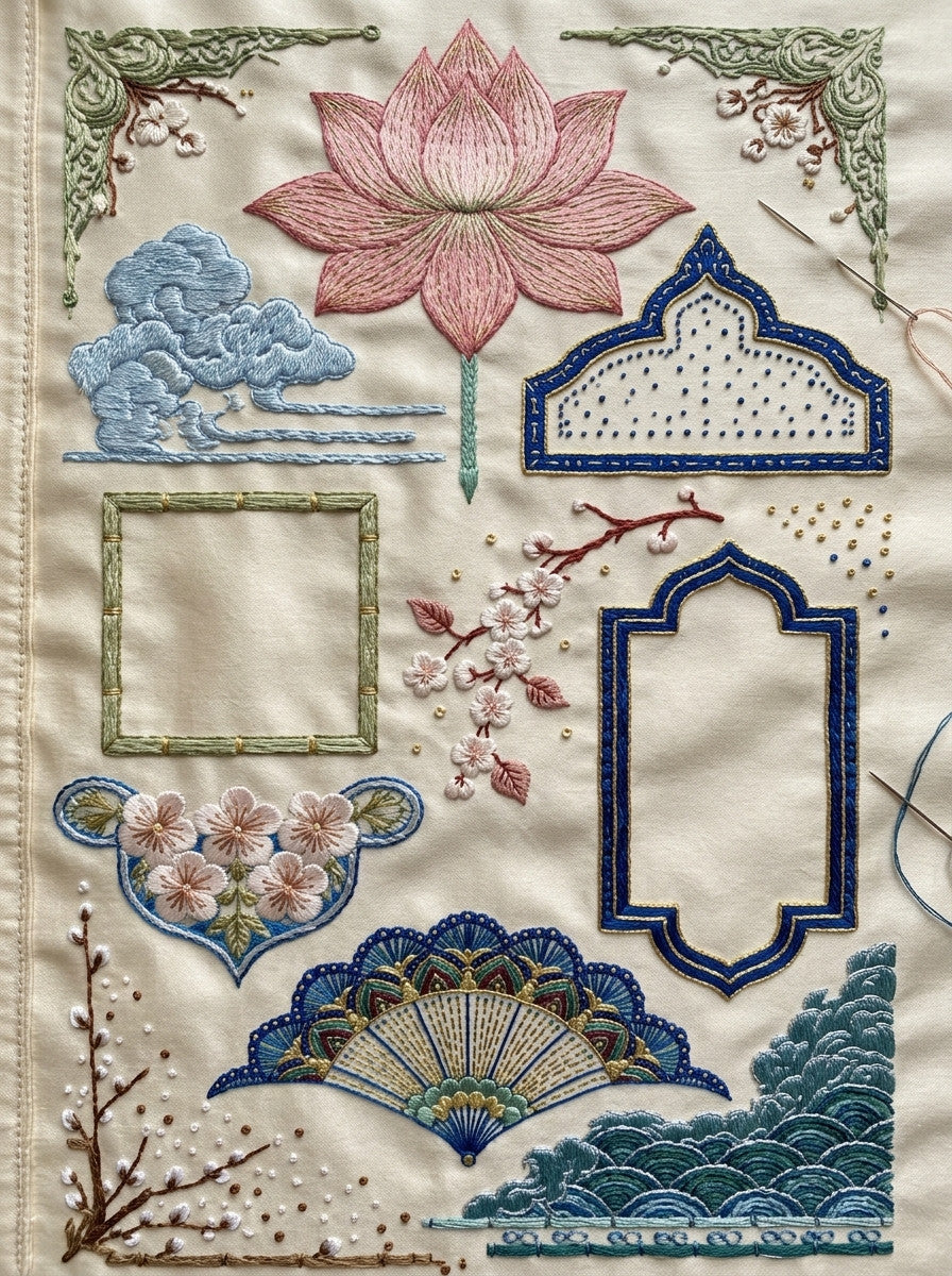 Elegant Label And Gift Frame from East Asian Inspired Embroidery Book 3, a digital embroidery design reference for machine embroidery designs, embroidery patterns and frames and monogram spaces.