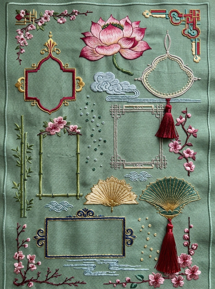 Elegant Label And Gift Frame from East Asian Inspired Embroidery Book 8, a digital embroidery design reference for machine embroidery designs, embroidery patterns and frames and monogram spaces.