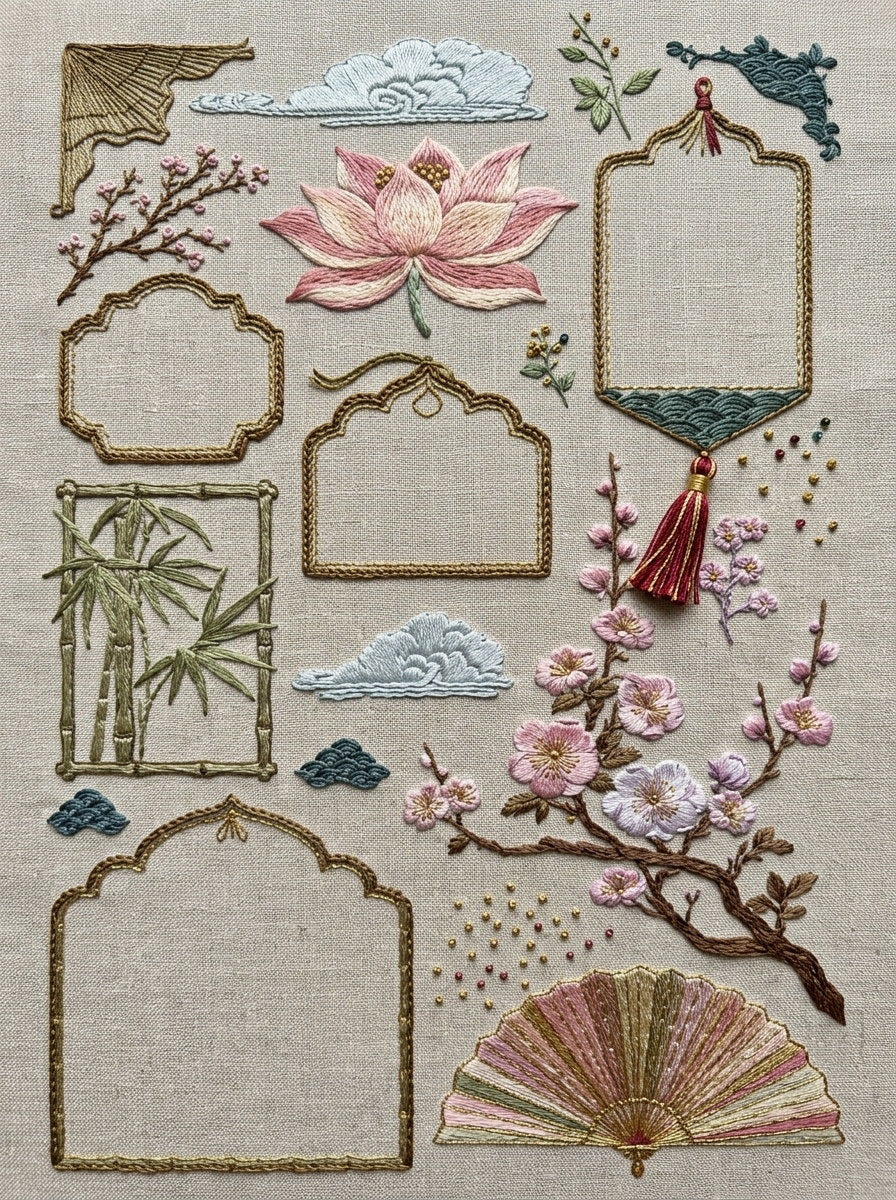 Elegant Label And Gift Frame from East Asian Inspired Embroidery Book 4, a digital embroidery design reference for machine embroidery designs, embroidery patterns and frames and monogram spaces.