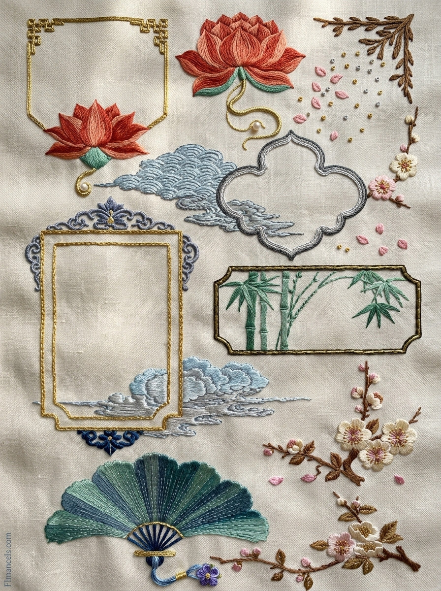 Elegant Label And Gift Frame from East Asian Inspired Embroidery Book 7, a digital embroidery design reference for machine embroidery designs, embroidery patterns and frames and monogram spaces.
