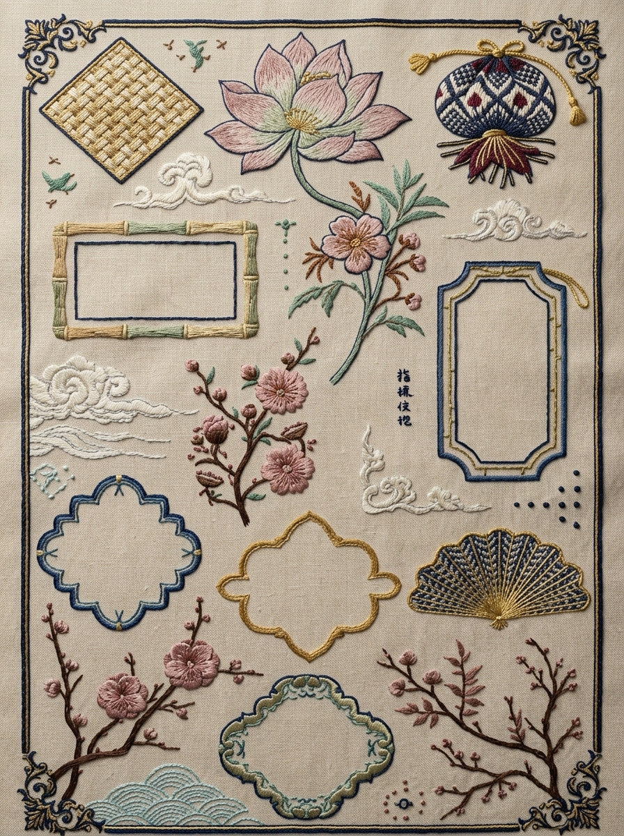 Elegant Label And Gift Frame from East Asian Inspired Embroidery Book 5, a digital embroidery design reference for machine embroidery designs, embroidery patterns and frames and monogram spaces.
