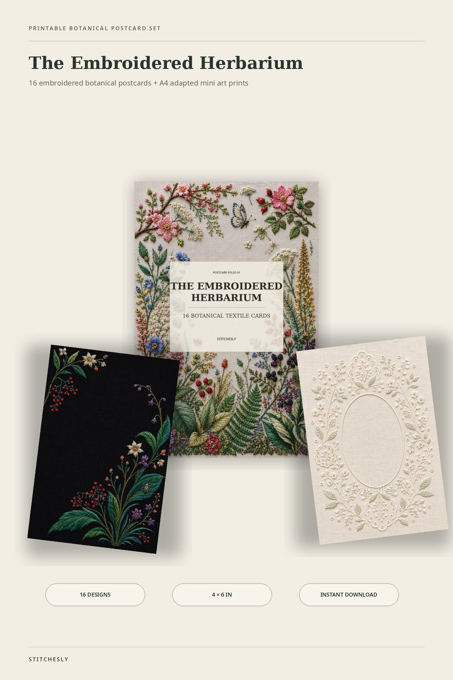 embroidered herbarium postcard set