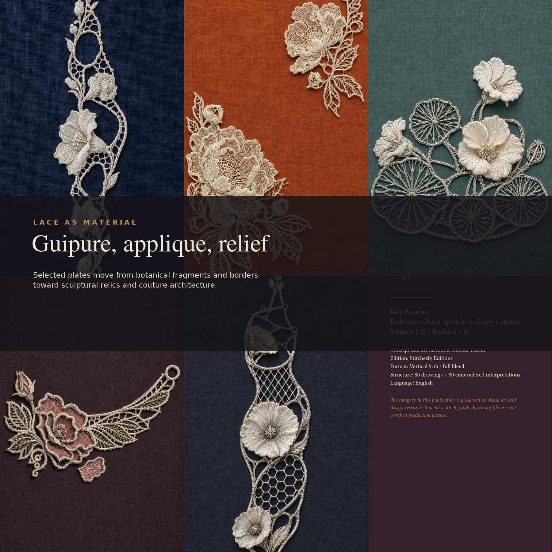 Detailed embroidered lace applique and guipure artwork gallery from Lace Botanica