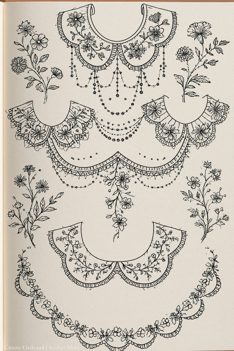 Embroidery Pattern Book Plate Featuring from Necklines & Collars Embroidery Book 2, a digital embroidery design reference for machine embroidery designs, embroidery patterns and garment placement ideas.