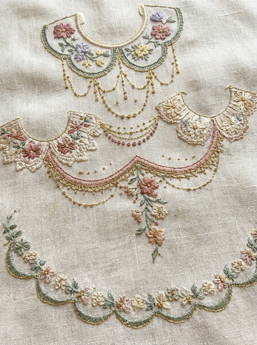 Embroidery Pattern Book Plate Featuring from Necklines & Collars Embroidery Book 2, a digital embroidery design reference for machine embroidery designs, embroidery patterns and garment placement ideas.