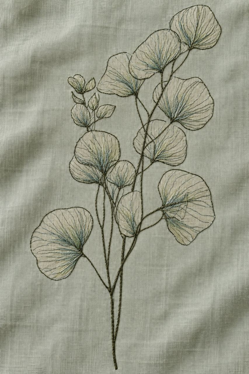 Digital embroidery visualization of an eucalyptus sprig in delicate open stitches on celadon linen.