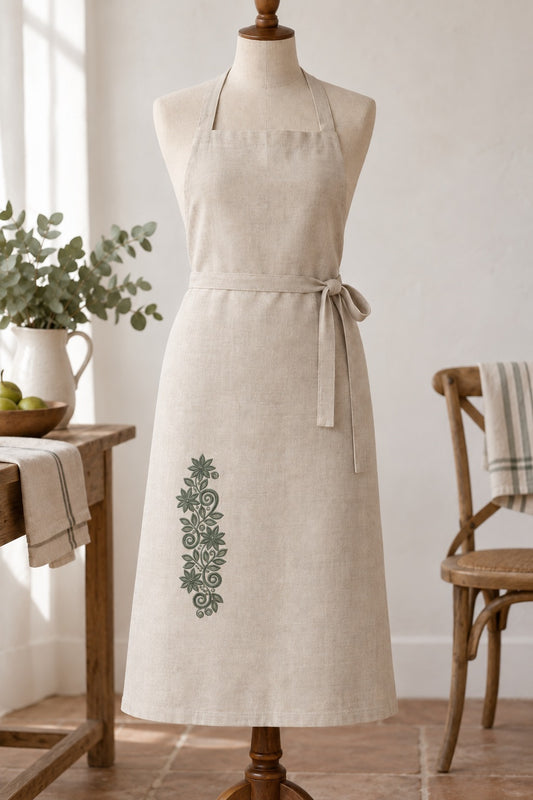Styled linen apron mockup with a single deep muted eucalyptus green starflower scroll vine embroidered on pale linen; the complete motif has clear fabric around it.