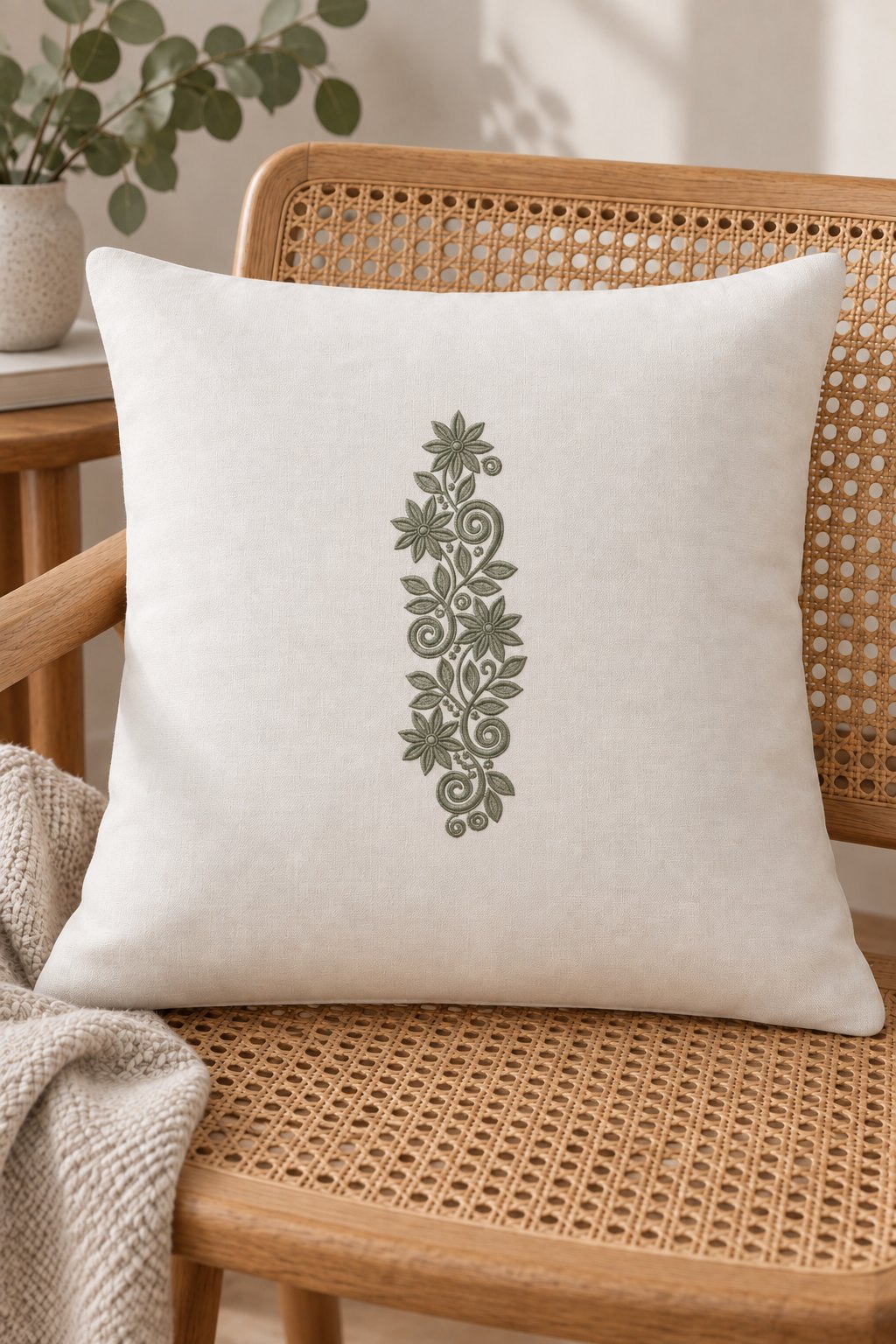 Styled linen cushion mockup with a single deep muted eucalyptus green starflower scroll vine embroidered on pale linen; the complete motif has clear fabric around it.