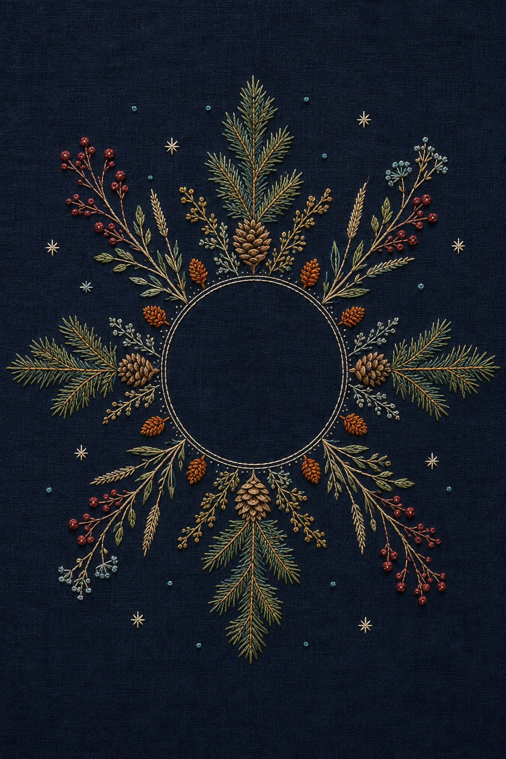 Illustrative embroidery design: Evergreen boughs, cones, berries and seed stems radiate around a clear circle.