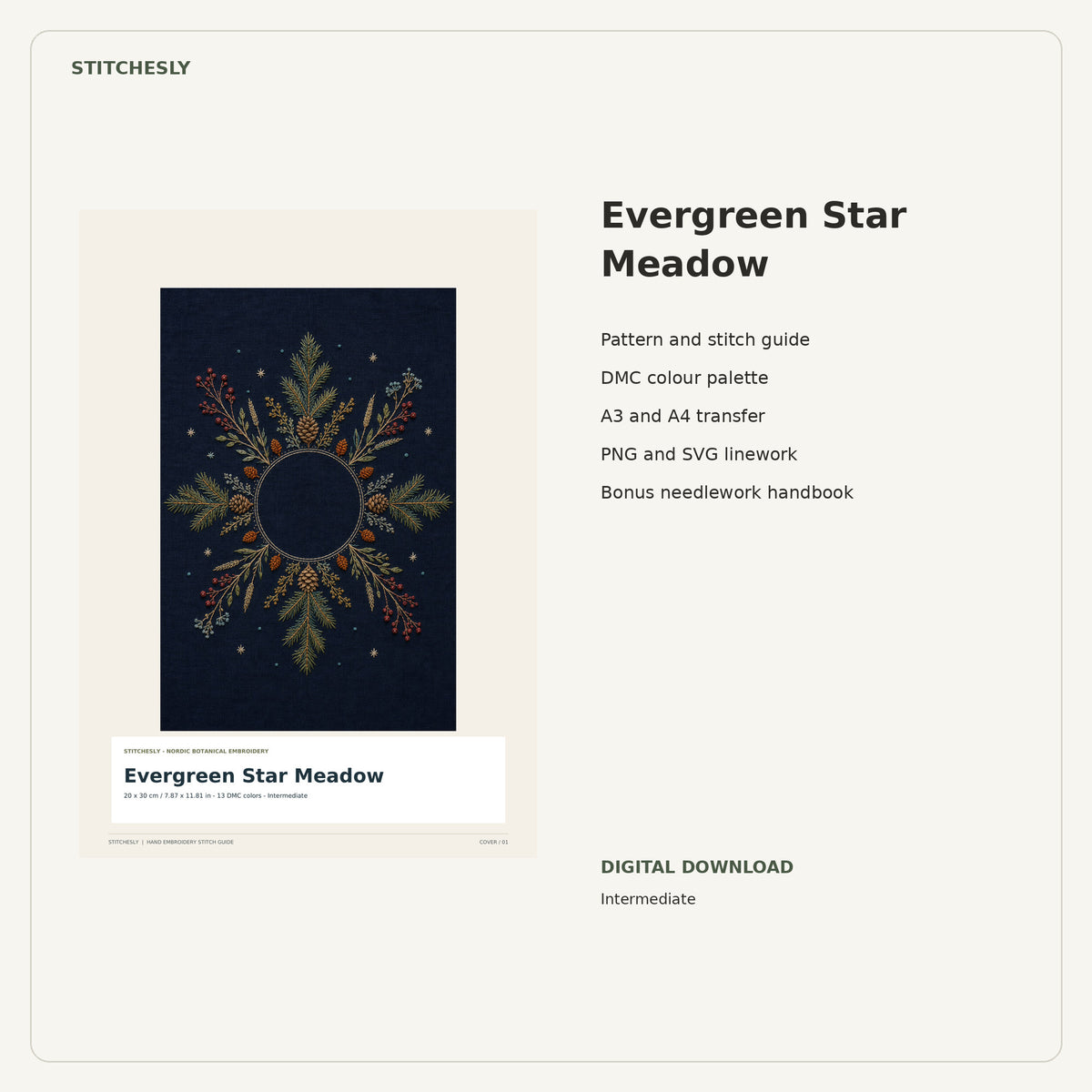 Evergreen Star Meadow PDF stitch guide cover, pattern files and bonus needlework handbook.