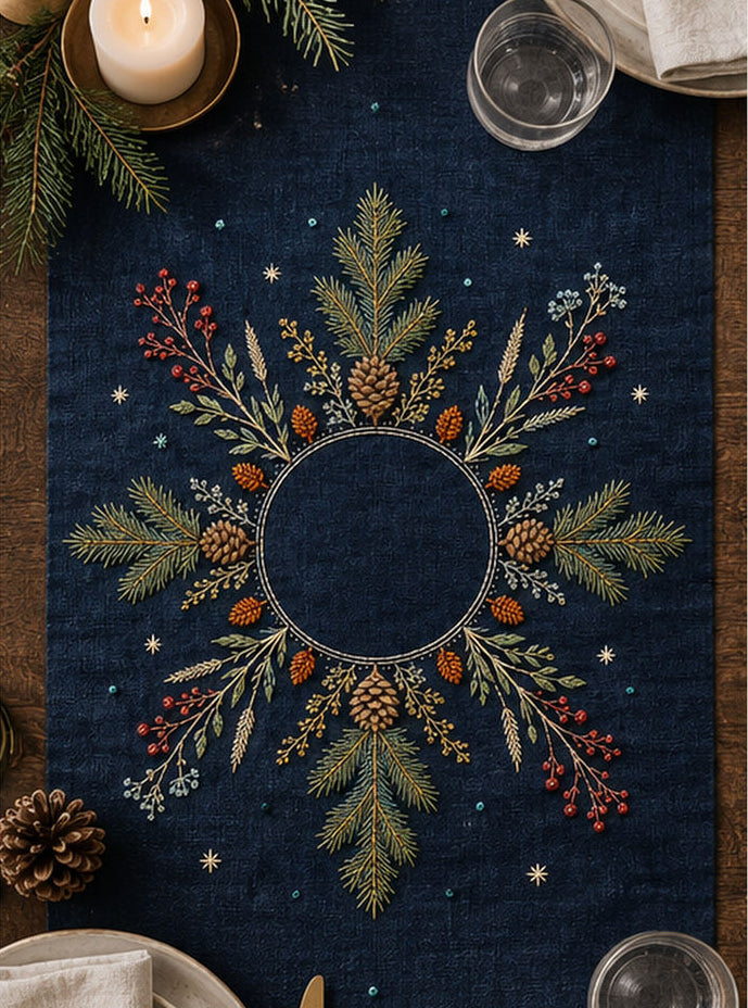 Navy linen garment mockup featuring the Evergreen Star Meadow hand embroidery design. Evergreen boughs, cones, berries and seed stems radiate around a clear circle.