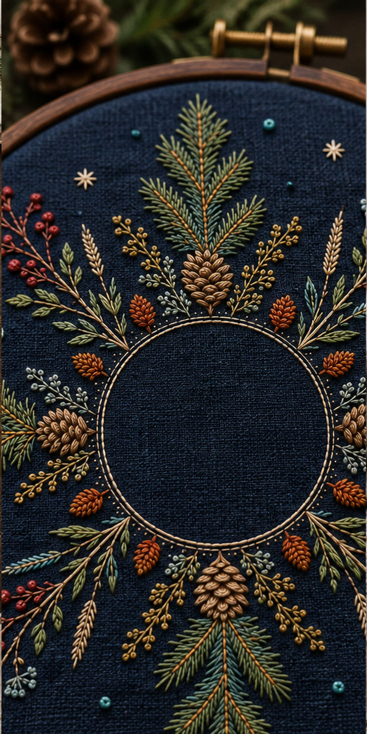 Navy textile flat lay mockup featuring the Evergreen Star Meadow hand embroidery design. Evergreen boughs, cones, berries and seed stems radiate around a clear circle.