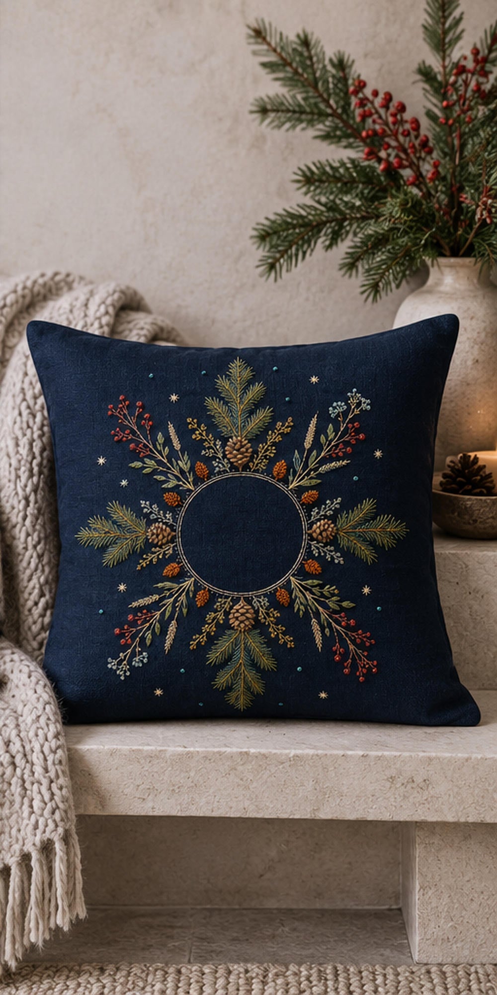 Navy linen cushion mockup featuring the Evergreen Star Meadow hand embroidery design. Evergreen boughs, cones, berries and seed stems radiate around a clear circle.