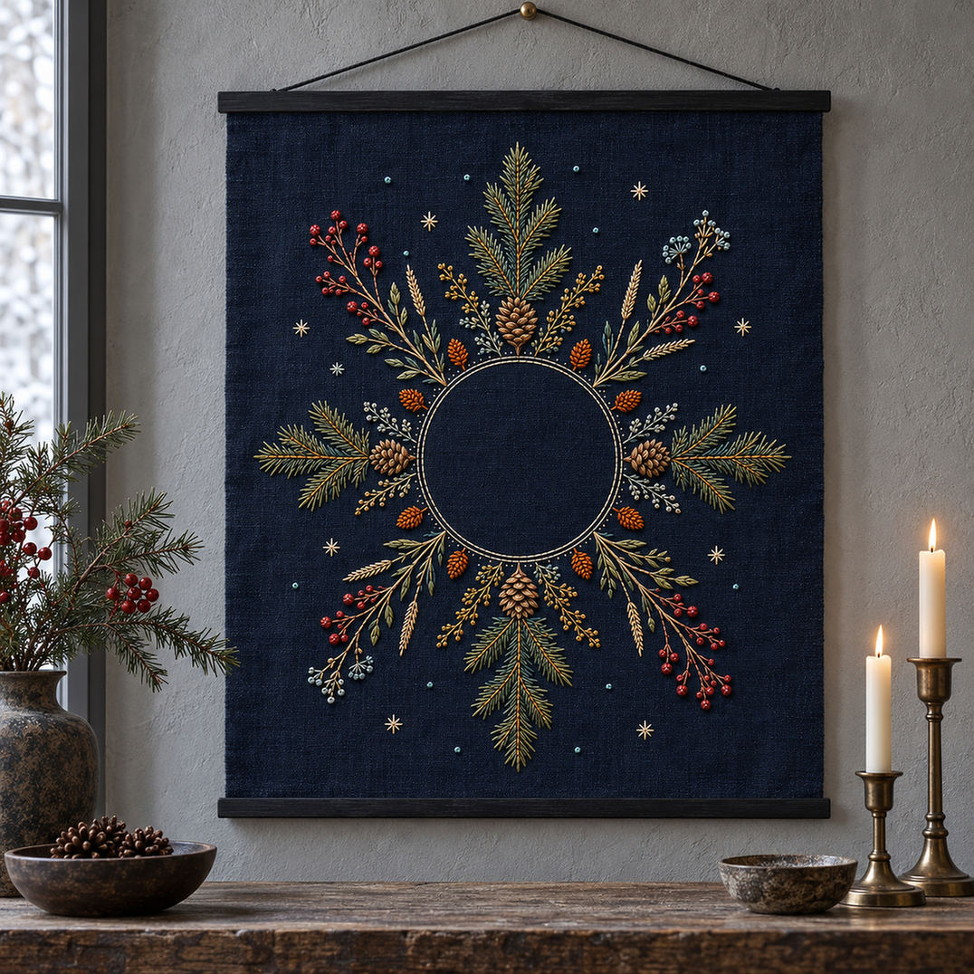 Framed navy textile mockup featuring the Evergreen Star Meadow hand embroidery design. Evergreen boughs, cones, berries and seed stems radiate around a clear circle.