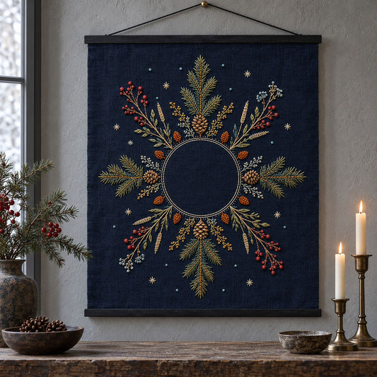 Framed navy textile mockup featuring the Evergreen Star Meadow hand embroidery design. Evergreen boughs, cones, berries and seed stems radiate around a clear circle.