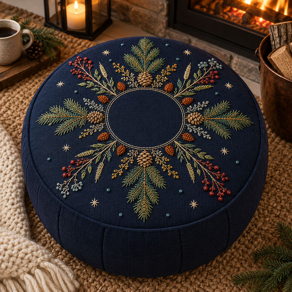 Round navy cushion mockup featuring the Evergreen Star Meadow hand embroidery design. Evergreen boughs, cones, berries and seed stems radiate around a clear circle.