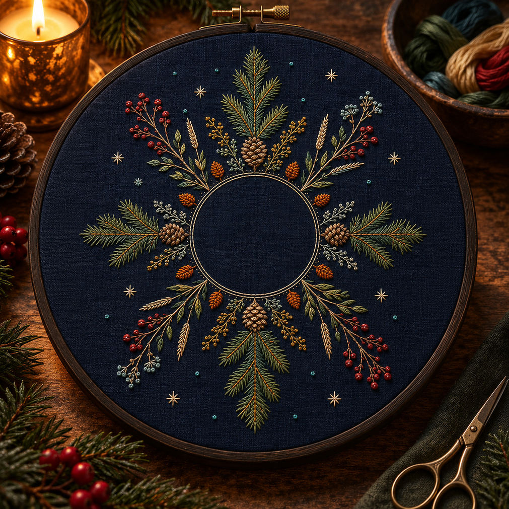 Embroidery hoop mockup featuring the Evergreen Star Meadow hand embroidery design. Evergreen boughs, cones, berries and seed stems radiate around a clear circle.