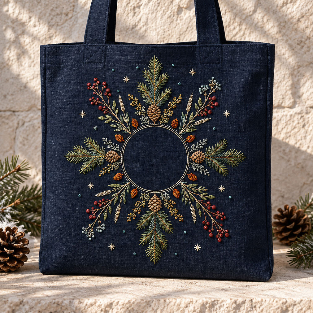 Navy linen tote bag mockup featuring the Evergreen Star Meadow hand embroidery design. Evergreen boughs, cones, berries and seed stems radiate around a clear circle.
