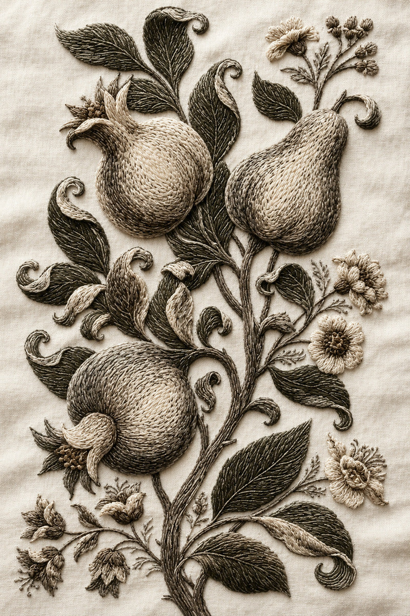Exotic Fruit And Leaf Motif from Jacobean & Crewel Embroidery Book 1, a digital embroidery design reference for machine embroidery designs, embroidery patterns and botanical and floral embroidery.
