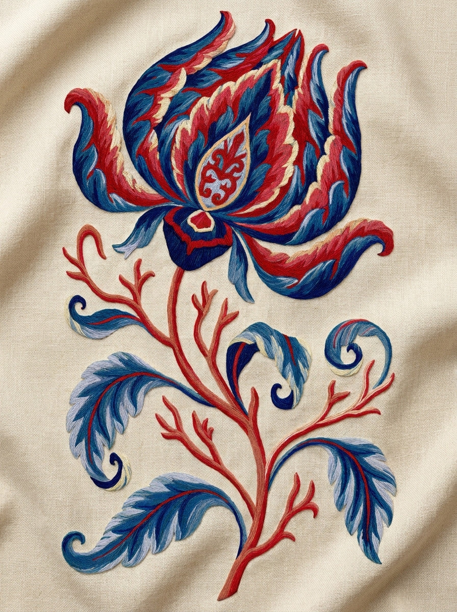 Exotic Jacobean Blossom from Jacobean & Crewel Embroidery Book 4, a digital embroidery design reference for machine embroidery designs, embroidery patterns and embroidery design reference.