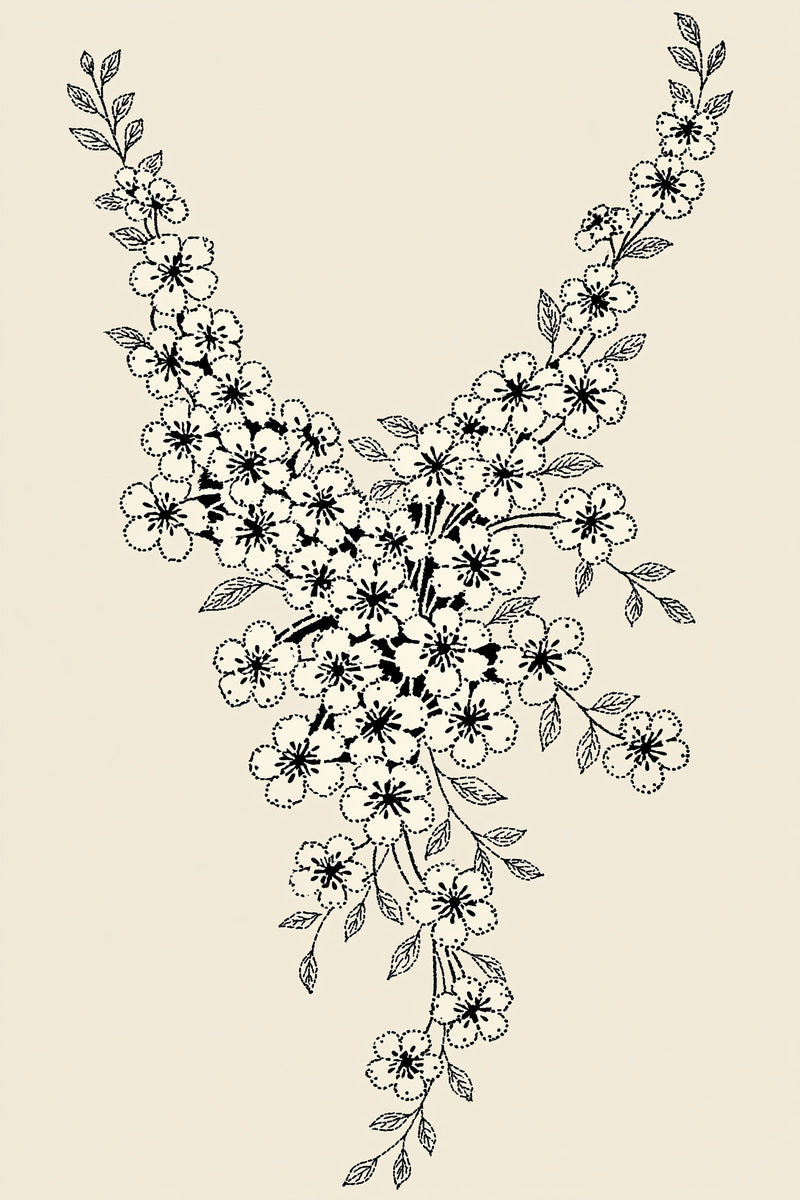 Eyelet Floral Neckline 02 from Neckline & Collar Embroidery Designs Book 3, a digital embroidery design reference for machine embroidery designs, embroidery patterns and lace and broderie details.
