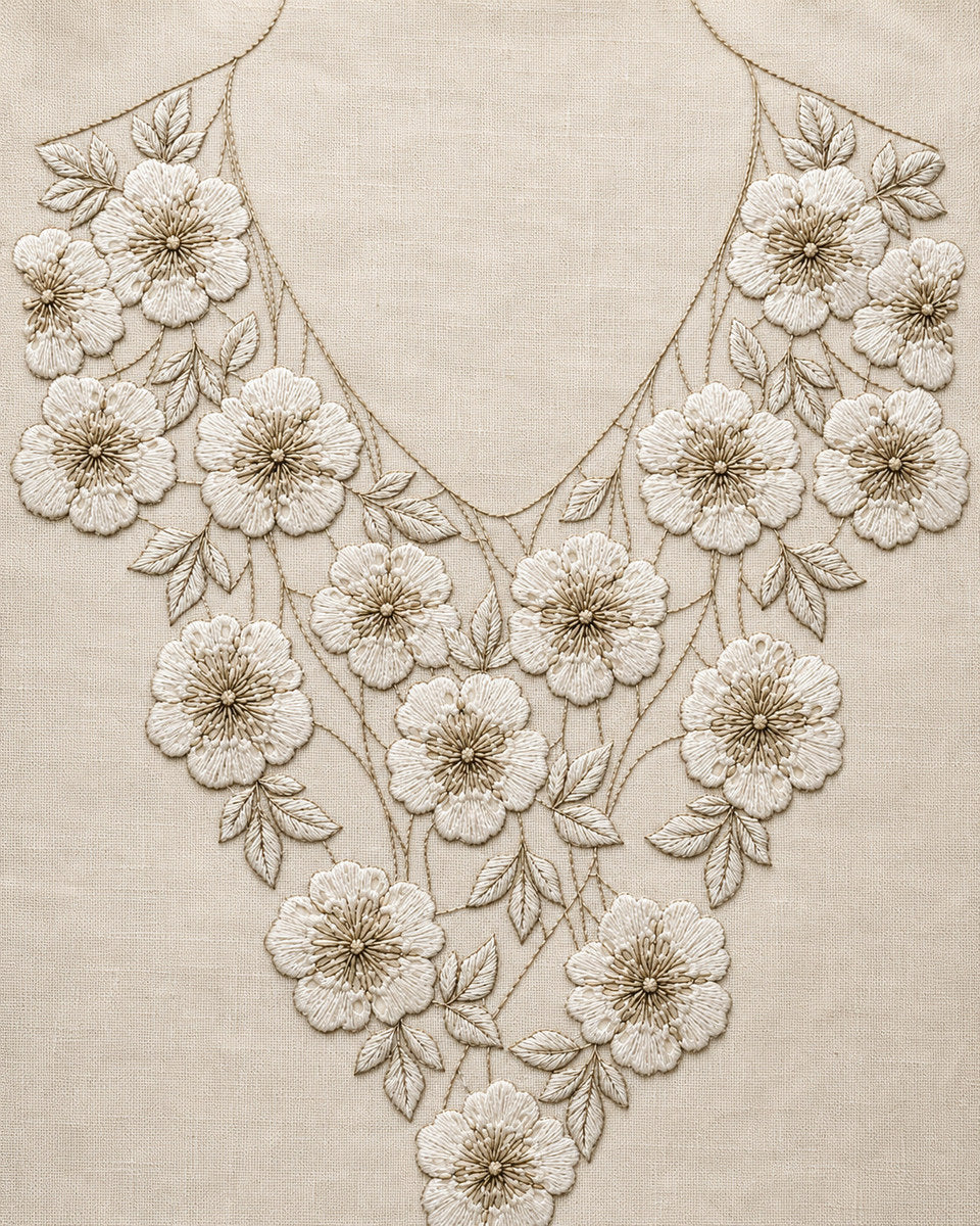 Eyelet Floral Neckline Ba from Neckline & Collar Embroidery Designs Book 3, a digital embroidery design reference for machine embroidery designs, embroidery patterns and lace and broderie details.