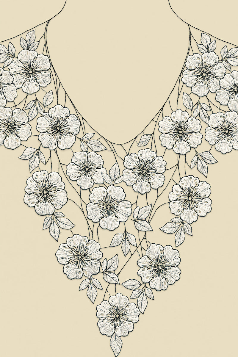 Eyelet Floral Neckline from Neckline & Collar Embroidery Designs Book 3, a digital embroidery design reference for machine embroidery designs, embroidery patterns and lace and broderie details.