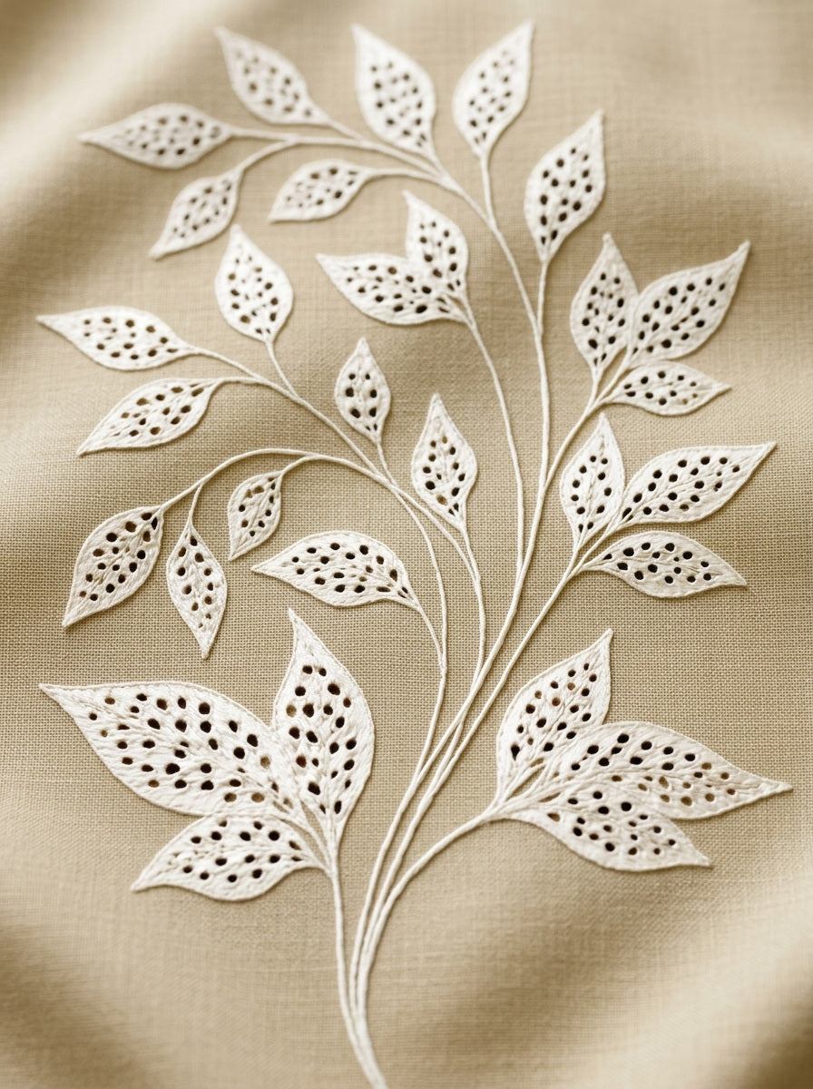 Eyelet Leaf Sprig French Embroidery from French Embroidery & La Broderie Blanche Book 8, a digital embroidery design reference for machine embroidery designs, embroidery patterns and lace and broderie details.