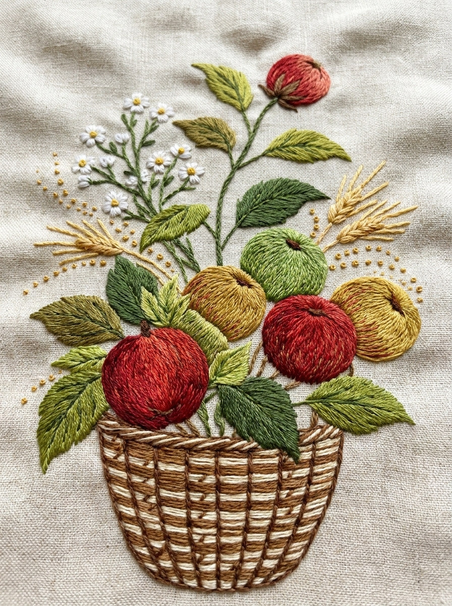 Farmhouse Basket Motif Kitchen Embroidery Png from Kitchen Towels & Aprons Embroidery Book 3, a digital embroidery design reference for machine embroidery designs, embroidery patterns and linen and home textile projects.