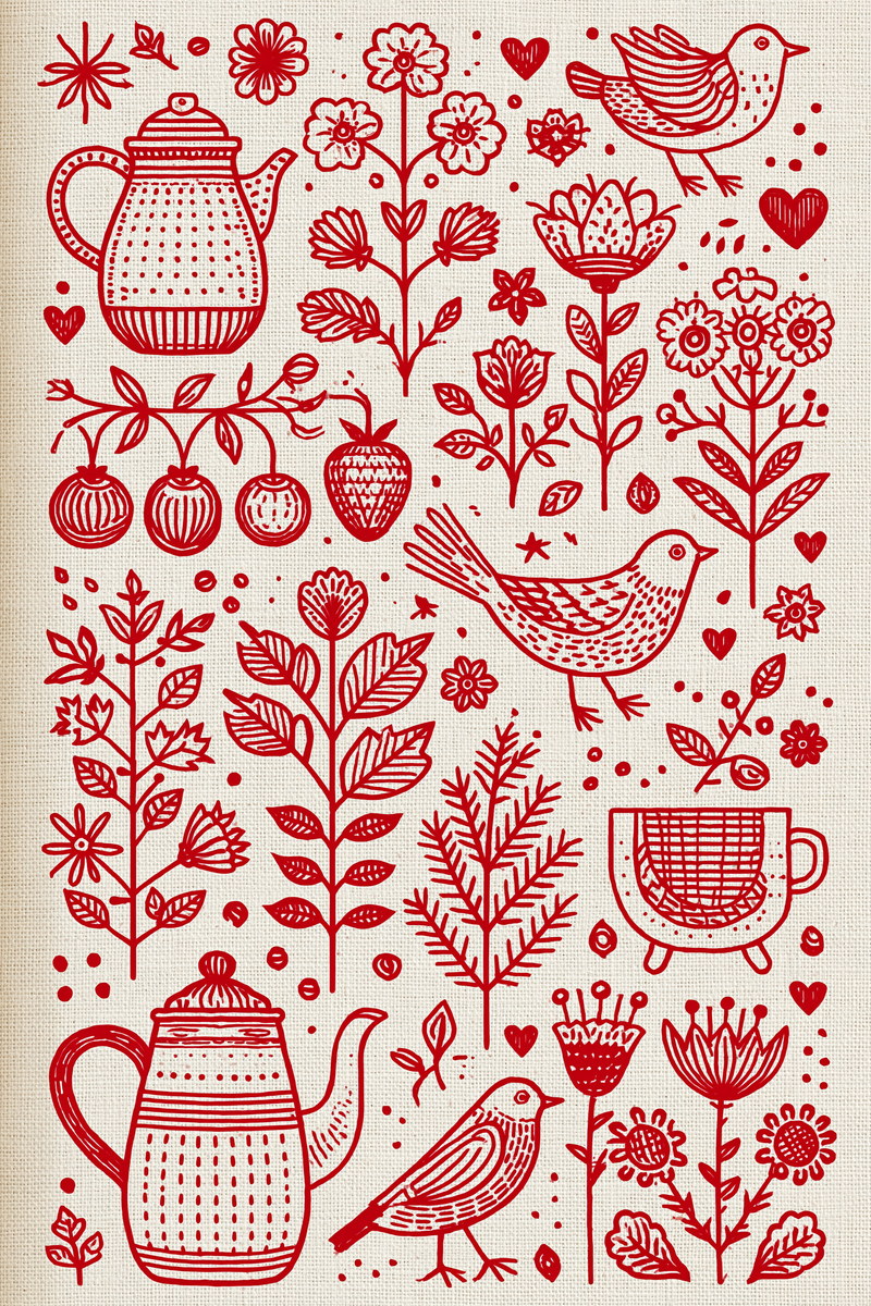 Farmhouse Domestic Redwork Library Plate from Folk Redwork & Country Florals Book 2, a digital embroidery design reference for machine embroidery designs, embroidery patterns and botanical and floral embroidery.
