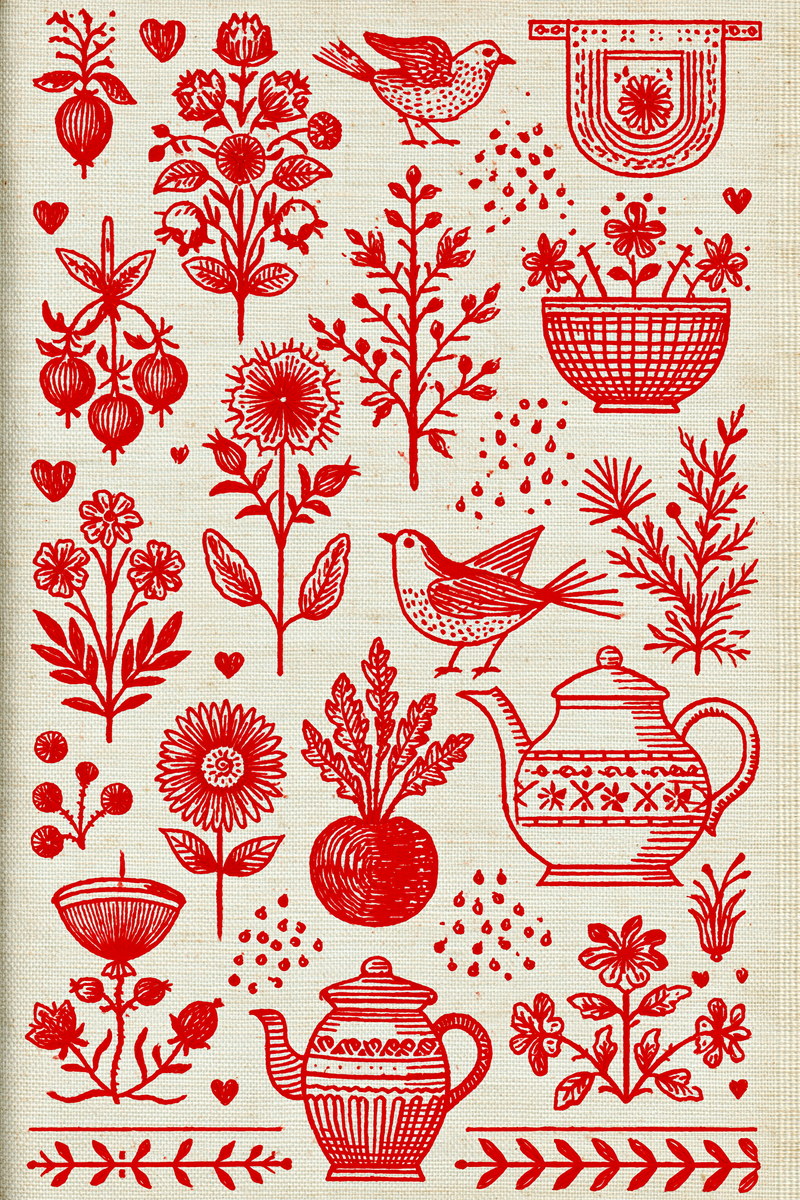 Farmhouse Domestic Redwork Library Plate from Folk Redwork & Country Florals Book 4, a digital embroidery design reference for machine embroidery designs, embroidery patterns and botanical and floral embroidery.