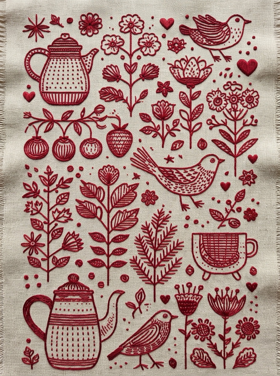 Farmhouse Domestic Redwork Library Plate from Folk Redwork & Country Florals Book 2, a digital embroidery design reference for machine embroidery designs, embroidery patterns and botanical and floral embroidery.